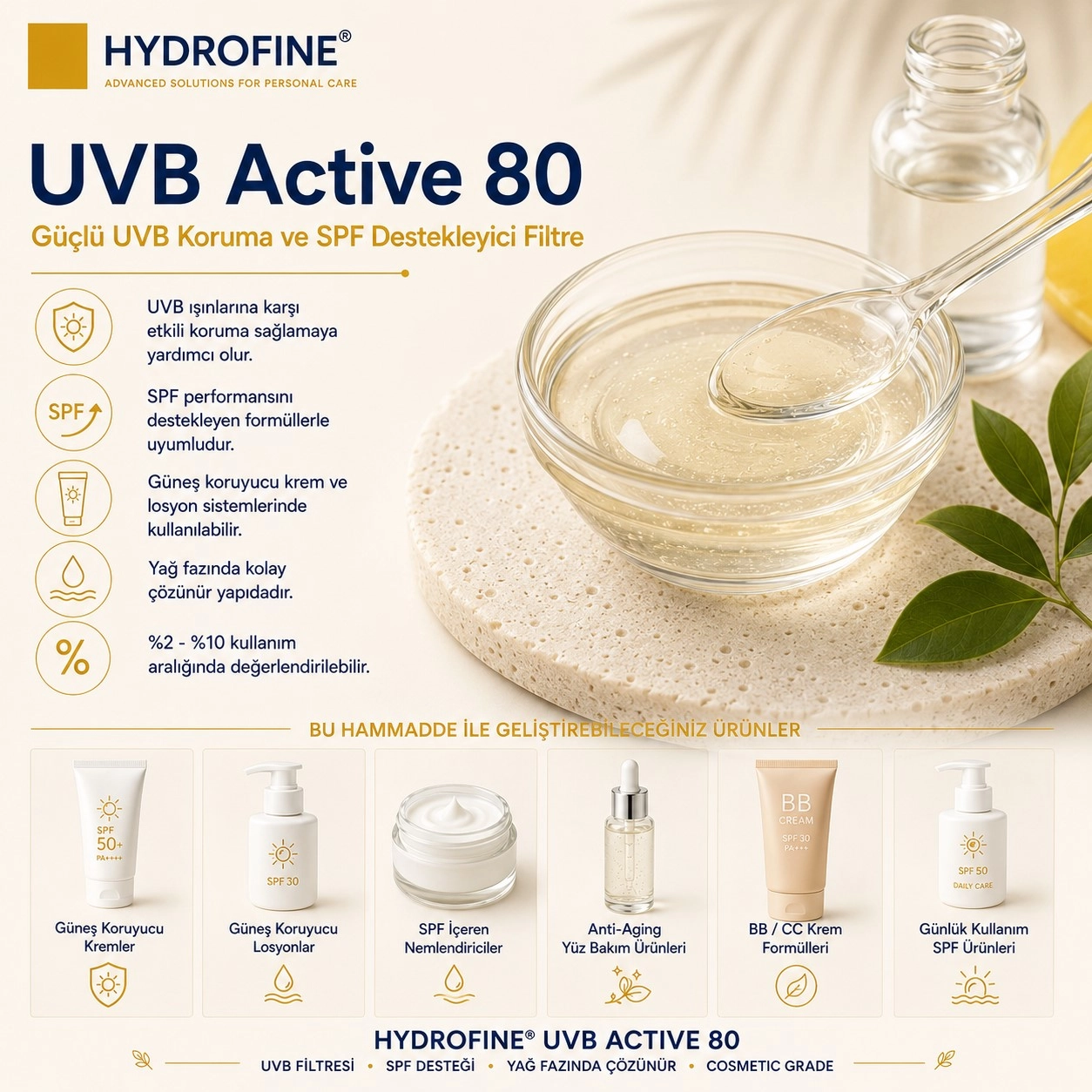 Hydrofine UVB Active 80 – Güçlü UVB Koruma ve SPF Destekleyici Filtre - 100 ml
