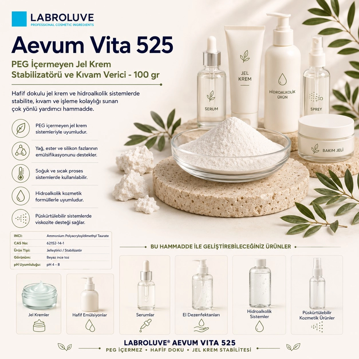 Aevum Vita 525 – PEG İçermeyen Jel Krem Stabilizatörü - 100 gr