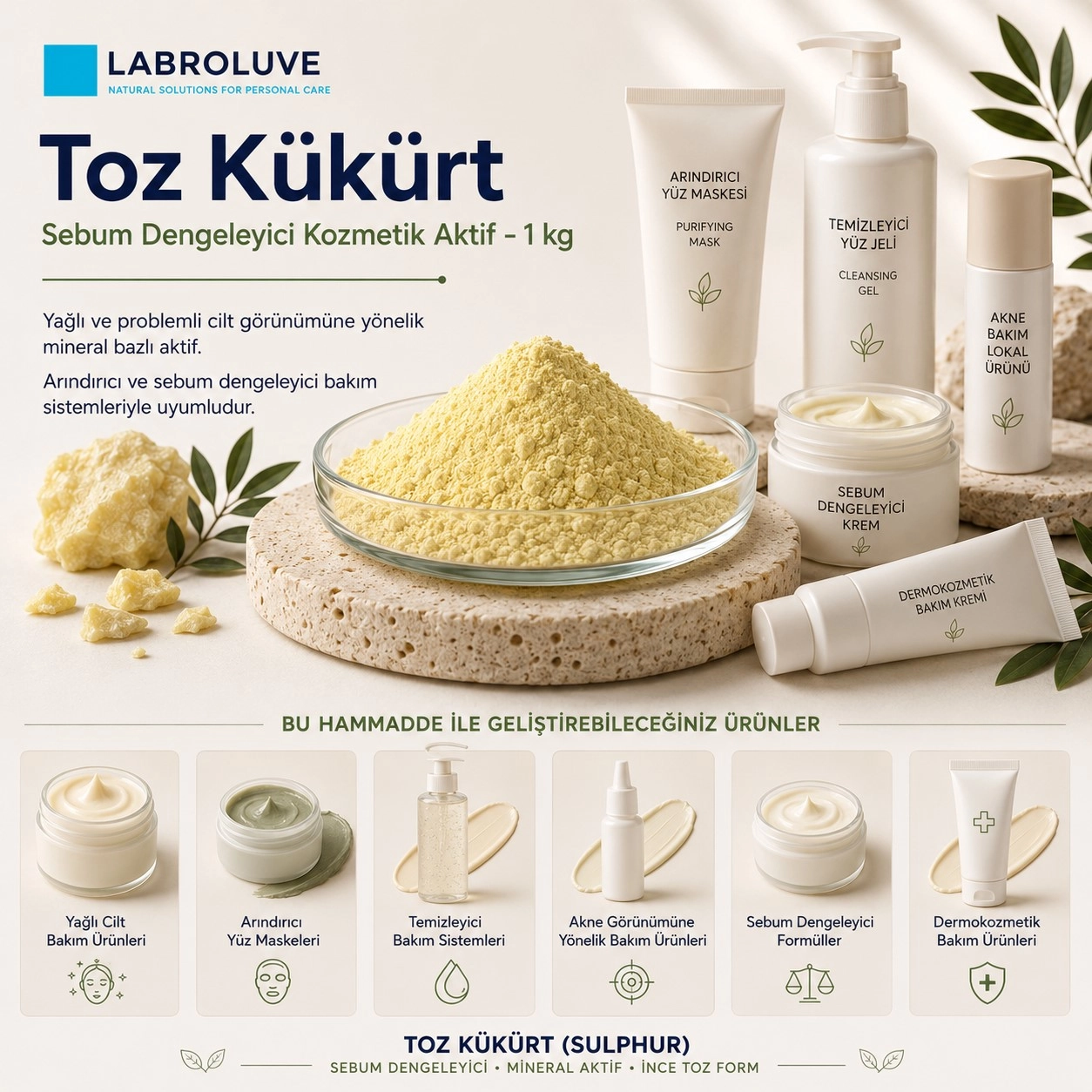 Labroluve Toz Kükürt – Sebum Dengeleyici Kozmetik Aktif - 1 kg