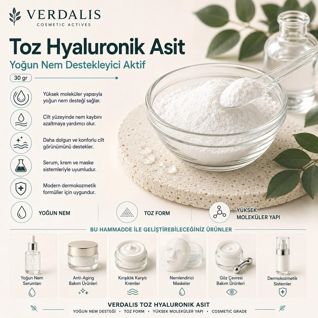 Verdalis Toz Hyaluronik Asit – Yoğun Nem Destekleyici Aktif - 30 gr